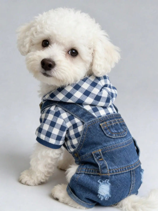1pc Pet Striped 4-Leg Overall, Denim Effect Jumpsuit Suspender Pants Dog Clothes, Spring/Summer Pet Apparel SP2306067928162133