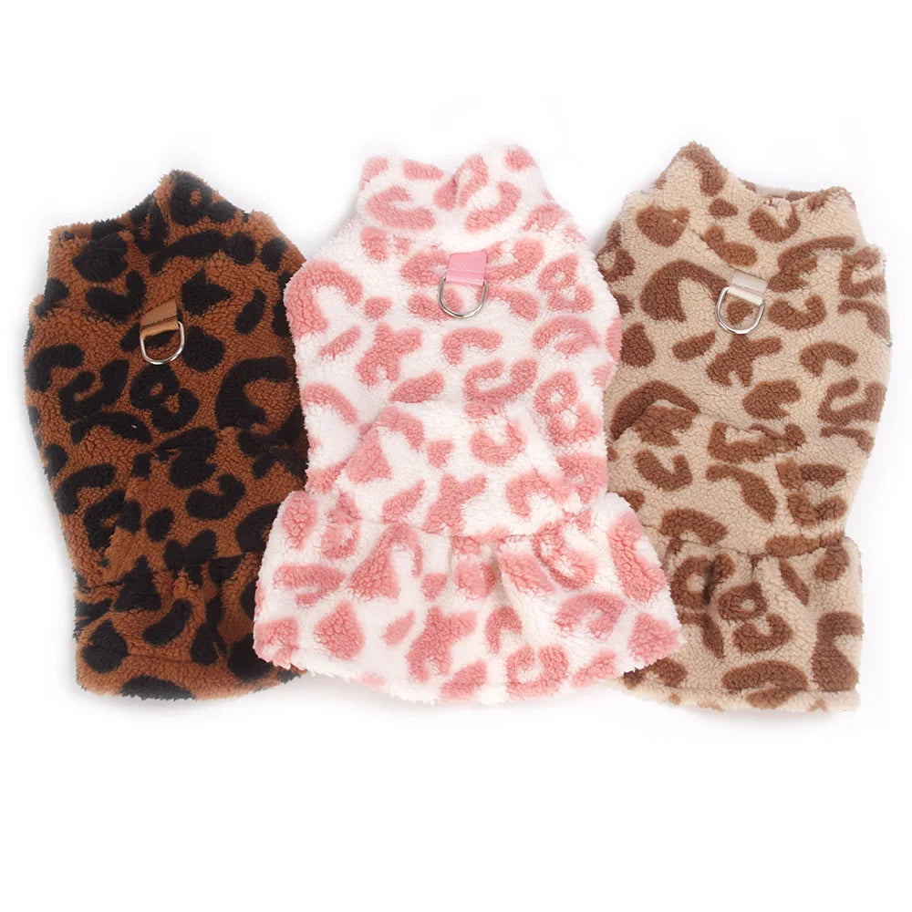 Fashion Leopard Print Dog Princess Dress Winter Warm Fleece Pet Apparel Cute Skirt For Teddy Chihuahua Puppy