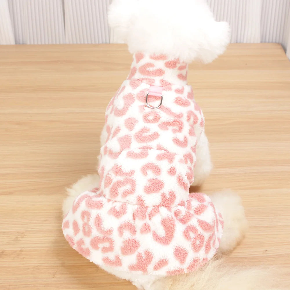 Fashion Leopard Print Dog Princess Dress Winter Warm Fleece Pet Apparel Cute Skirt For Teddy Chihuahua Puppy