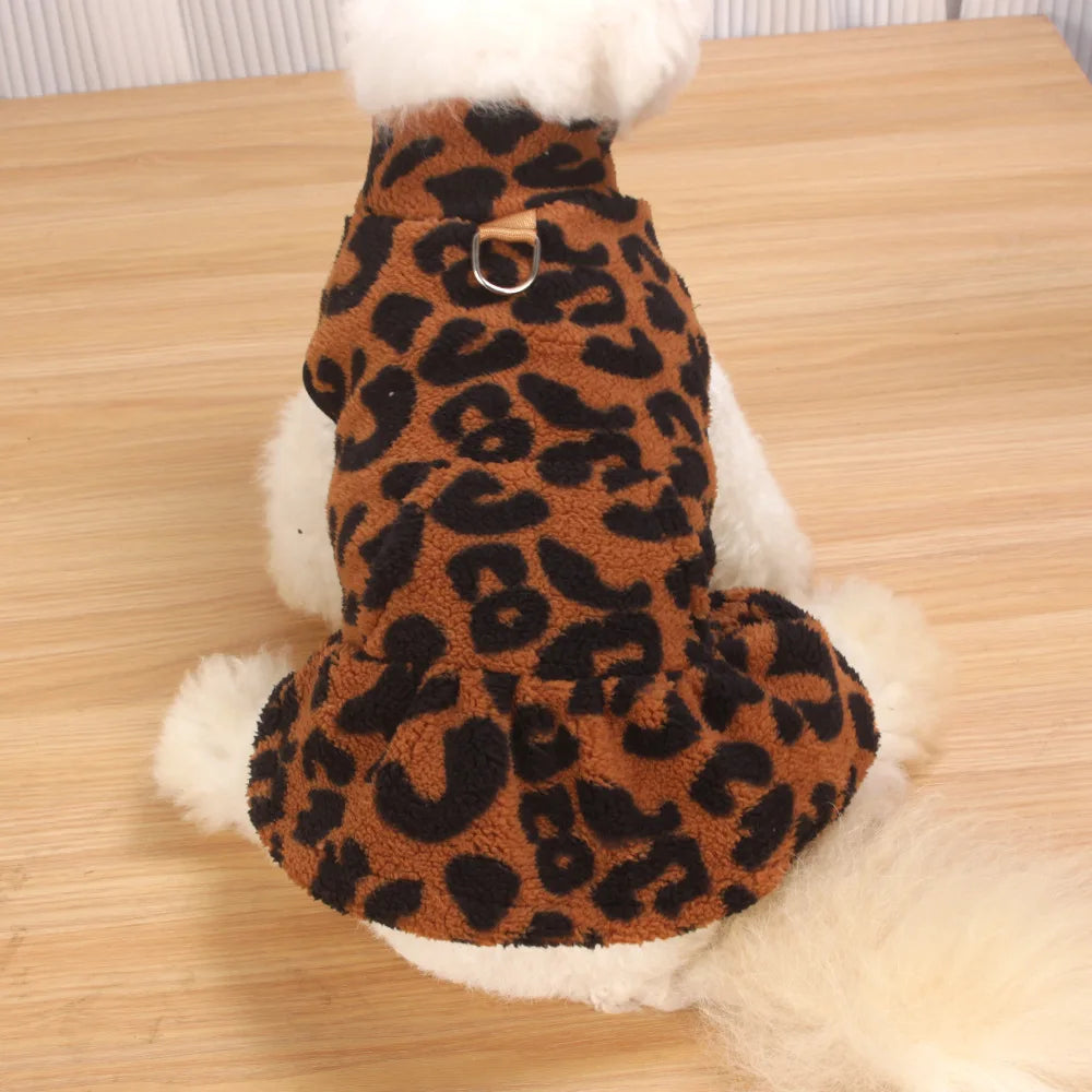 Fashion Leopard Print Dog Princess Dress Winter Warm Fleece Pet Apparel Cute Skirt For Teddy Chihuahua Puppy