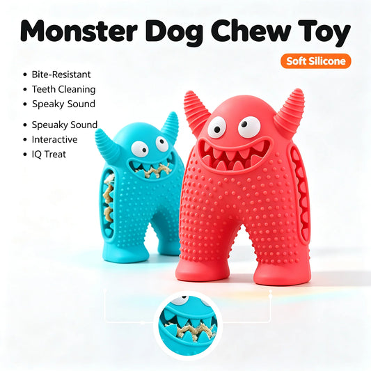 Dog Chew Toy Monster Squeaky Tooth Cleaning Teething Puppy Durable Soft Silicone Aggressive Chewers Easy Clean Pet Interactive