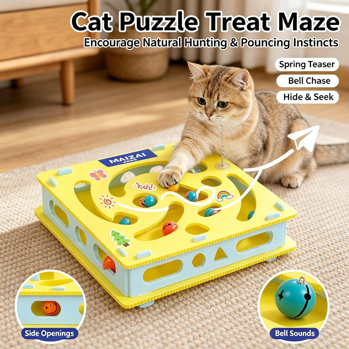Cat Toy Digging Maze Game Bell Balls Spring Teaser Interactive Boredom Relief Exercise Pet Kitten Indoor Washable Multi Cat