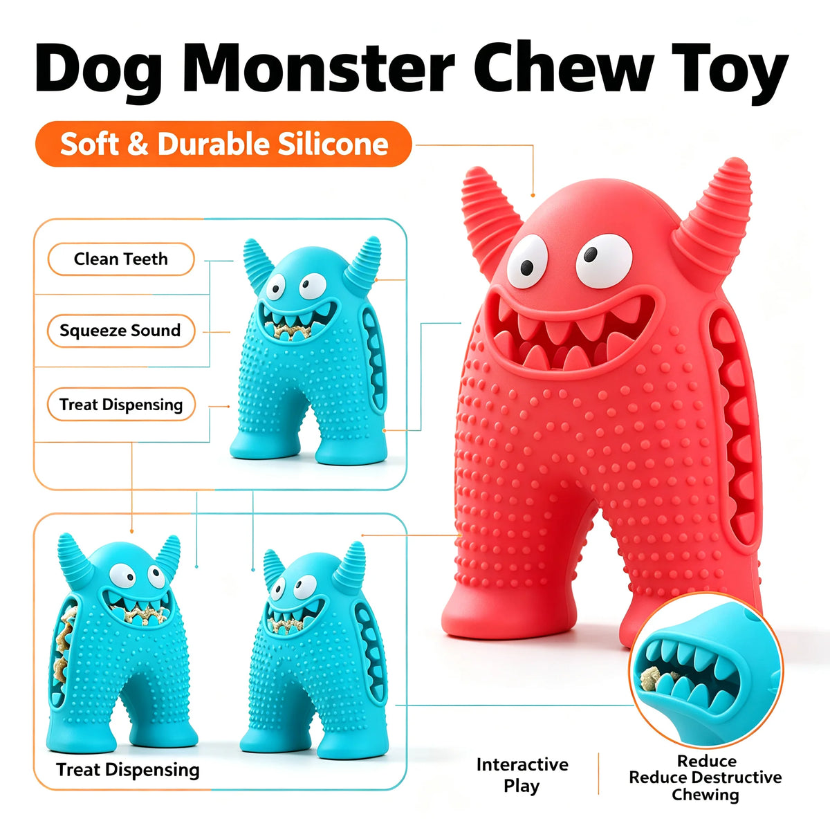 Dog Chew Toy Monster Squeaky Tooth Cleaning Teething Puppy Durable Soft Silicone Aggressive Chewers Easy Clean Pet Interactive