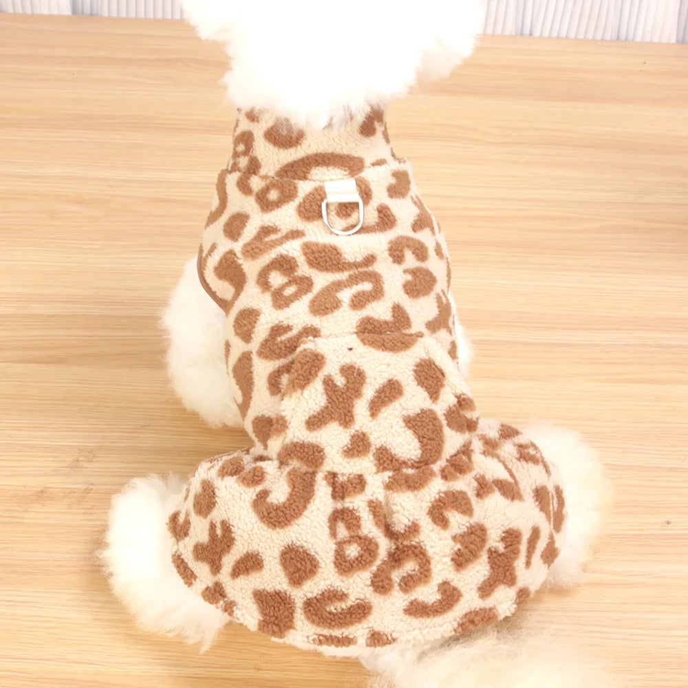 Fashion Leopard Print Dog Princess Dress Winter Warm Fleece Pet Apparel Cute Skirt For Teddy Chihuahua Puppy